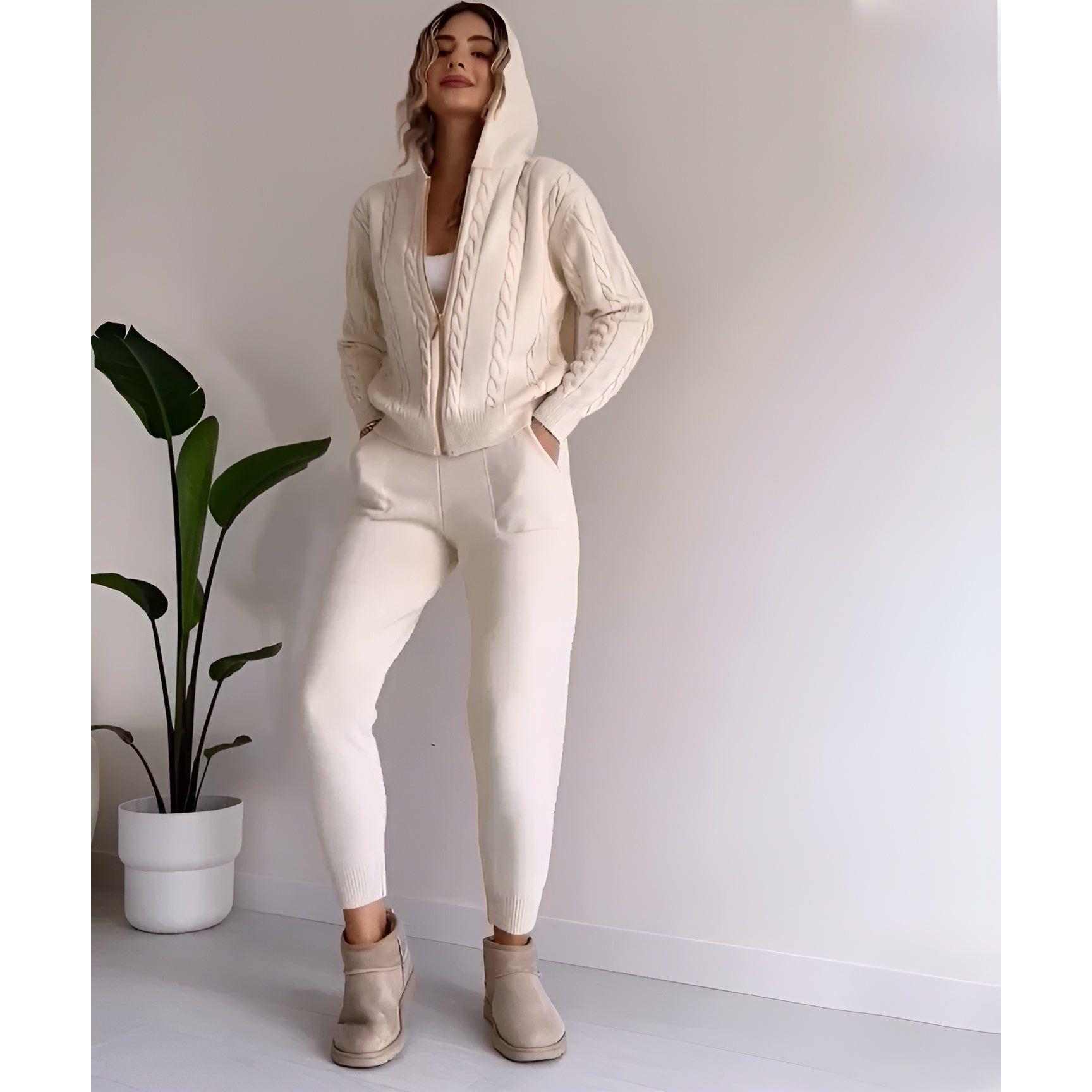 Millie Set - Stickad tvådelad hemmakostym för kvinnor (Mysig tröja + Byxor)