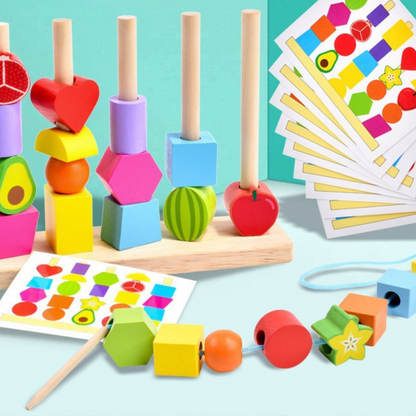 Trä Montessori färger och former trådningsleksak