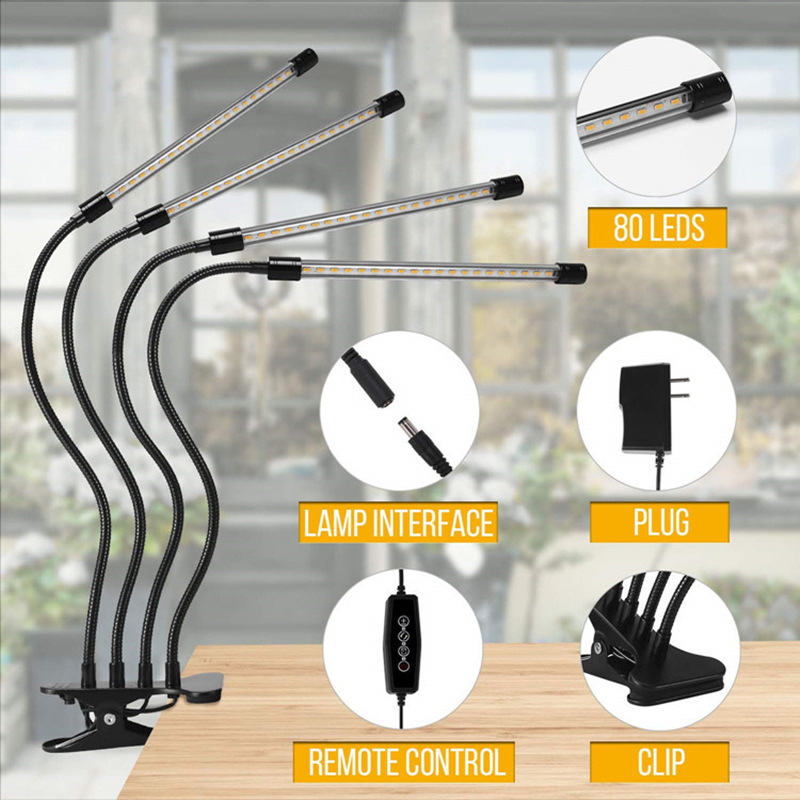 Växtbelysning med 4 flexibla armar och dimmerfunktion för inomhusträdgårdar