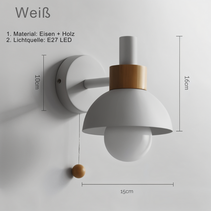 Minimalistisk Trä Vägglampa med Dragomkopplare – Mjuk Pastell Modern Design