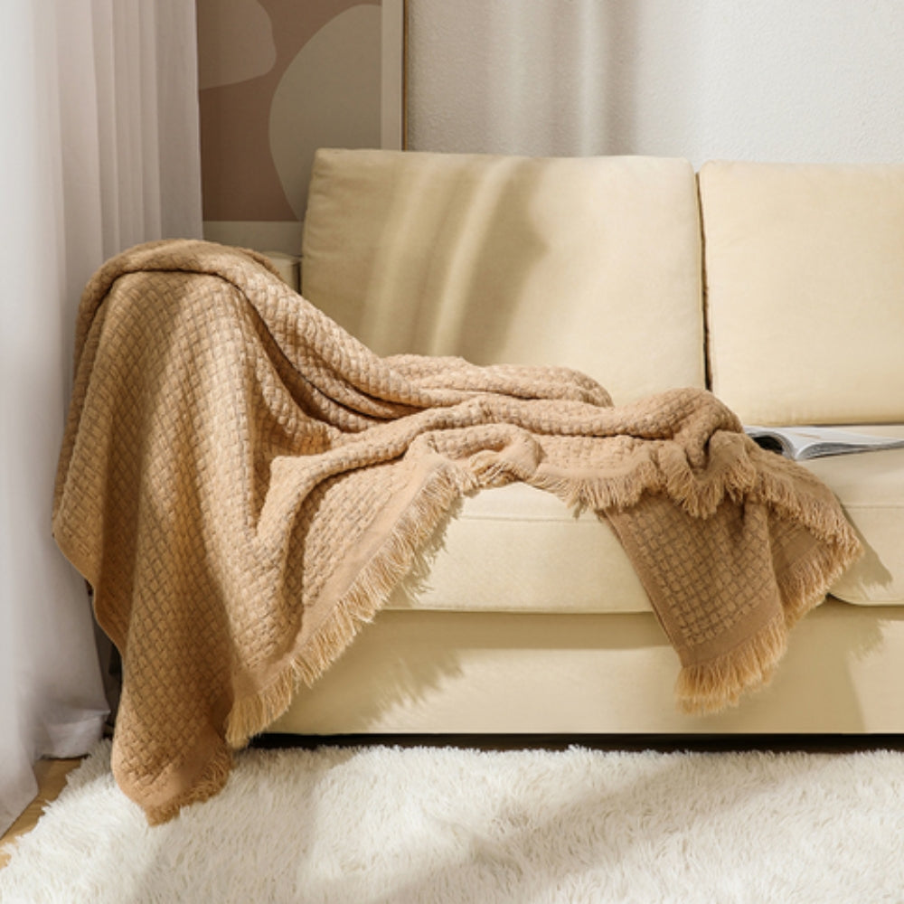 Vaffelväv Bomulls Stickad Fringing Filt