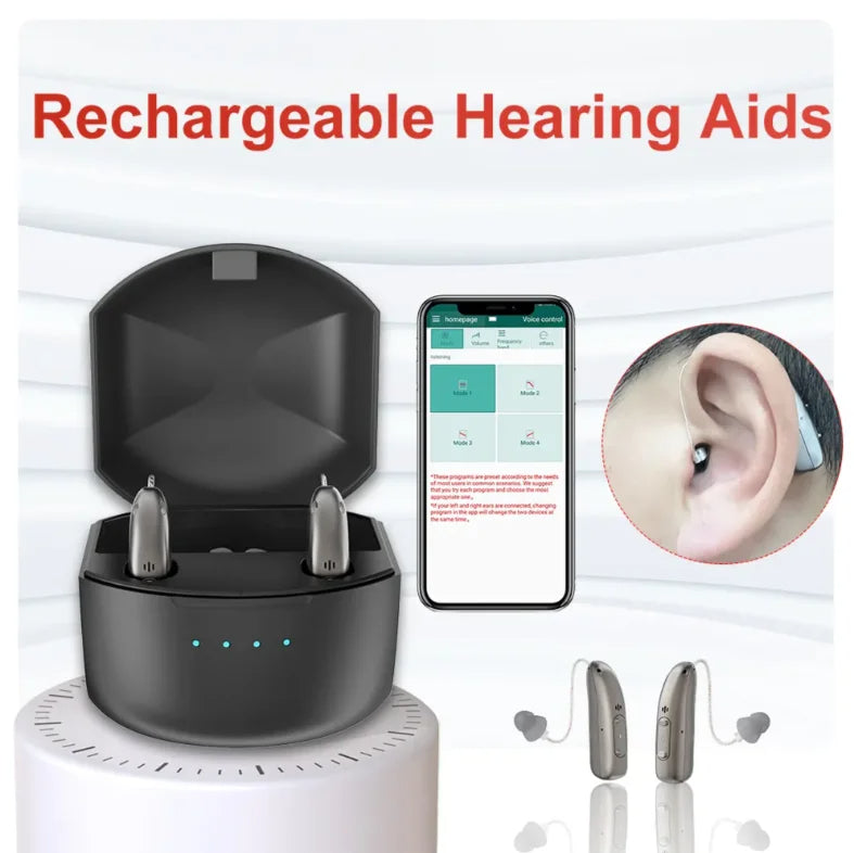Laddningsbara Bluetooth-hörselapparater för seniorer med appkontroll och 4 ljudlägen
