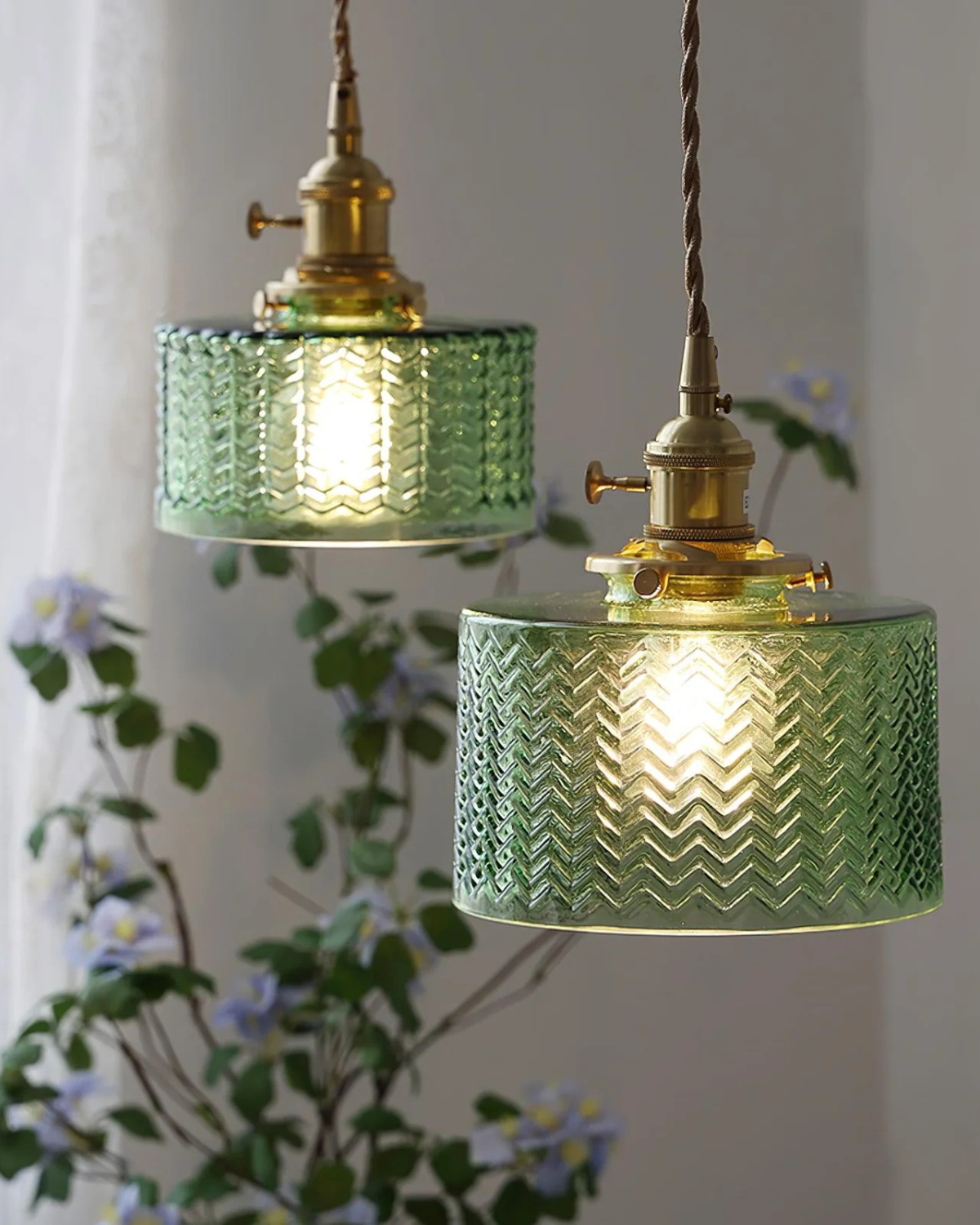 Vintage Glass Ceiling Pendant | Textured Glass & Brass | Warm 3000K Glow