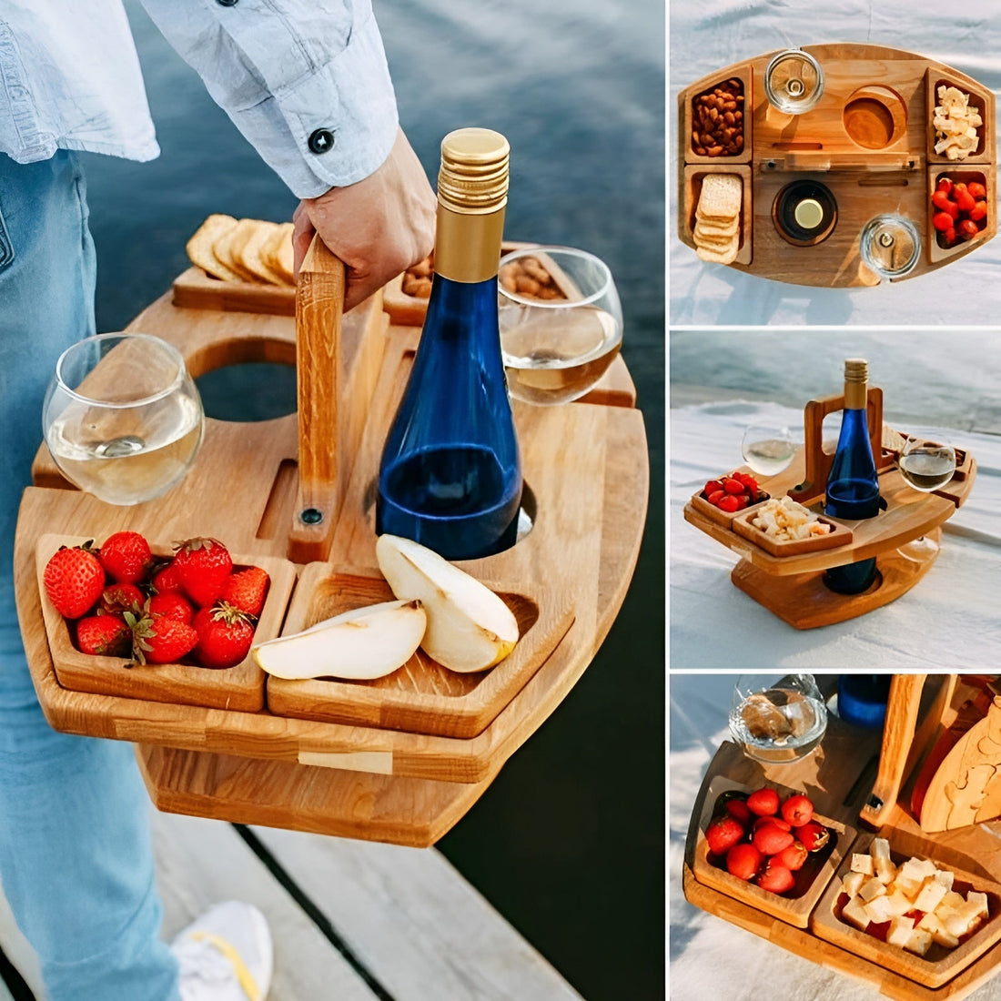 Trä picknick vinbord – Perfekt för vin &amp; snacks utomhus