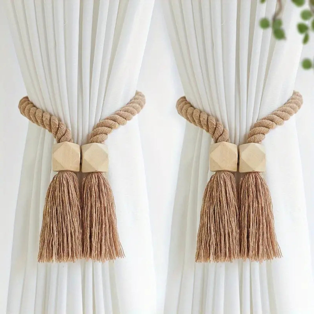 Träperlad kvast gardin hållare | 2-pack set