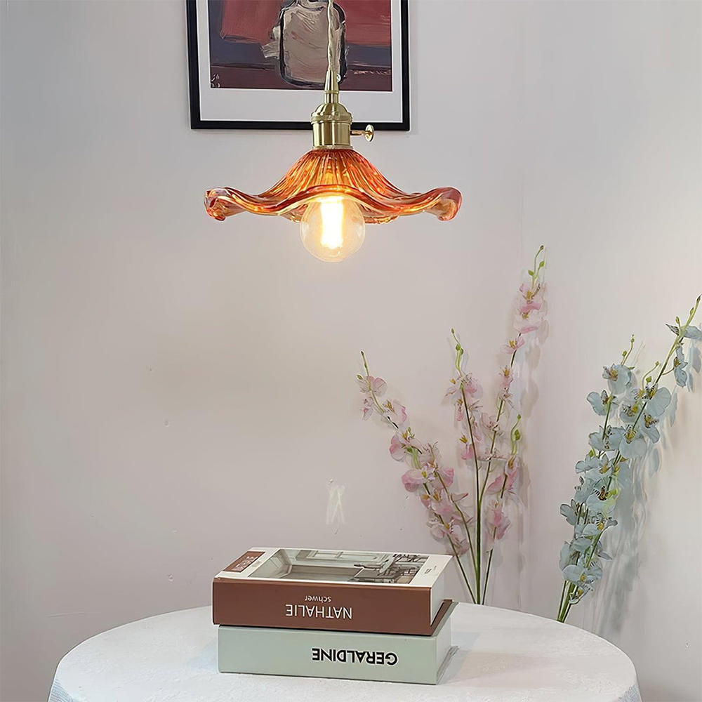 Art Nouveau Fluted Glass Pendant | Flower-Inspired Shade | H4.72in x D9.06-23.62in | Brass &amp; Glass Craftsmanship | Brick by Brick