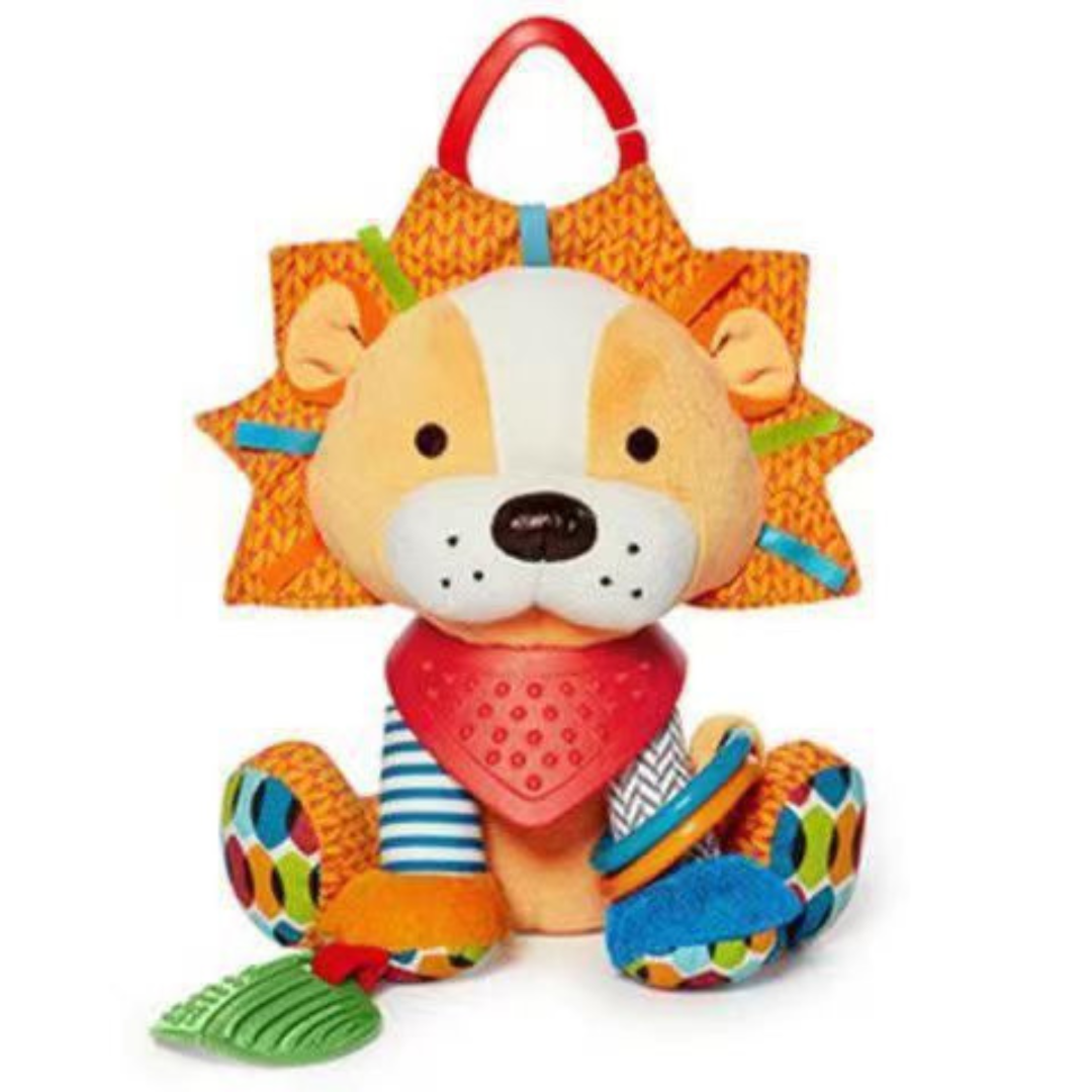 Sensorisk babyplys leksak med skallra och silikonfäste för tandning