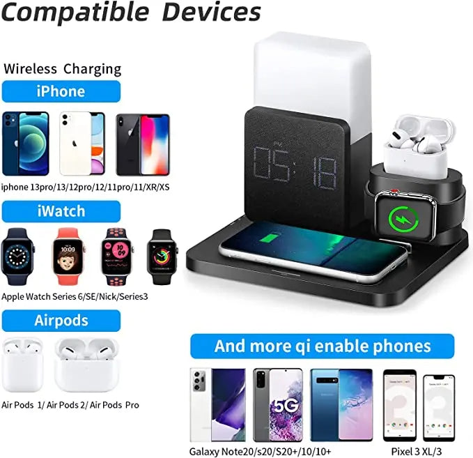 Multifunktionell Trådlös Laddningsstation – Lampa och Väckarklocka Ingår