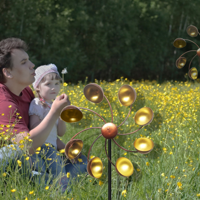 Dekorativ trädgårdsvindmölla med metallblommor – Färgglad vindspel för utomhusbruk