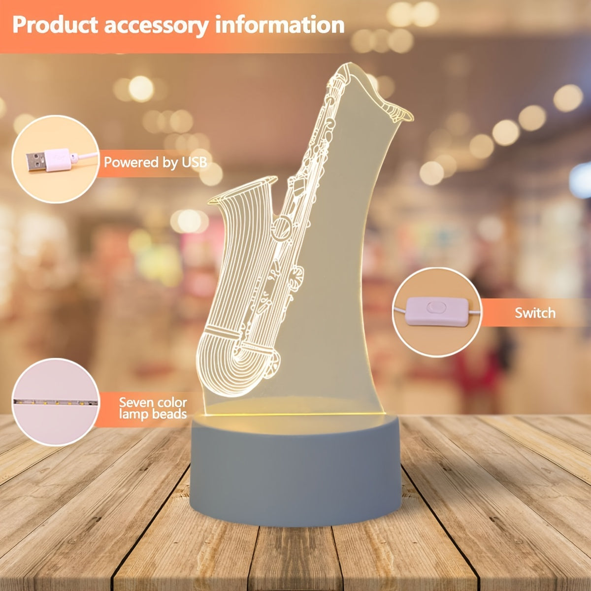 SaxGlow - 3D Saxofon LED Nattljus, USB-Driven Bords- och Lampa