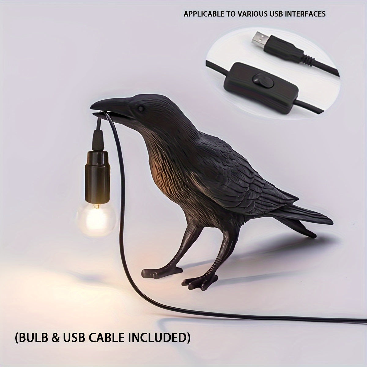 RavenLicht - Svart Korp Bordslampa, USB Driven, Harmlampa för Vardagsrum och Sovrum