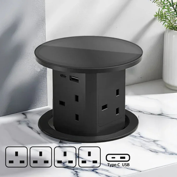 Automatisk Pop-Up Skrivbordsuttagstorn – Dold Strömkälla med USB-C, Trådlös Laddning &amp; Globalt Pluggsupport