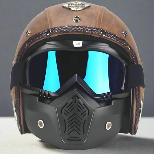 Royaleva Retro Vintage Motorcykelhjälm Öppen Ansikte Med Goggle Mask