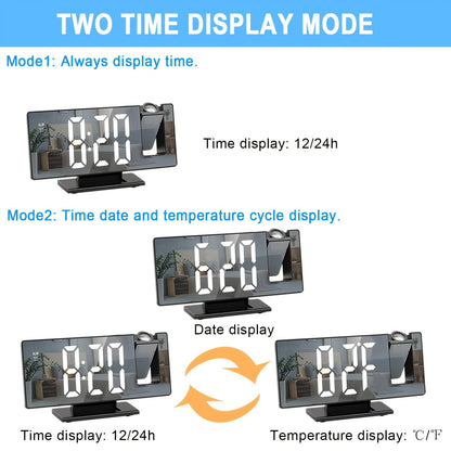 LED-projektionsväckarklocka med 180° justerbar projektion – Klar display och snooze-funktion för sovrum eller kontor