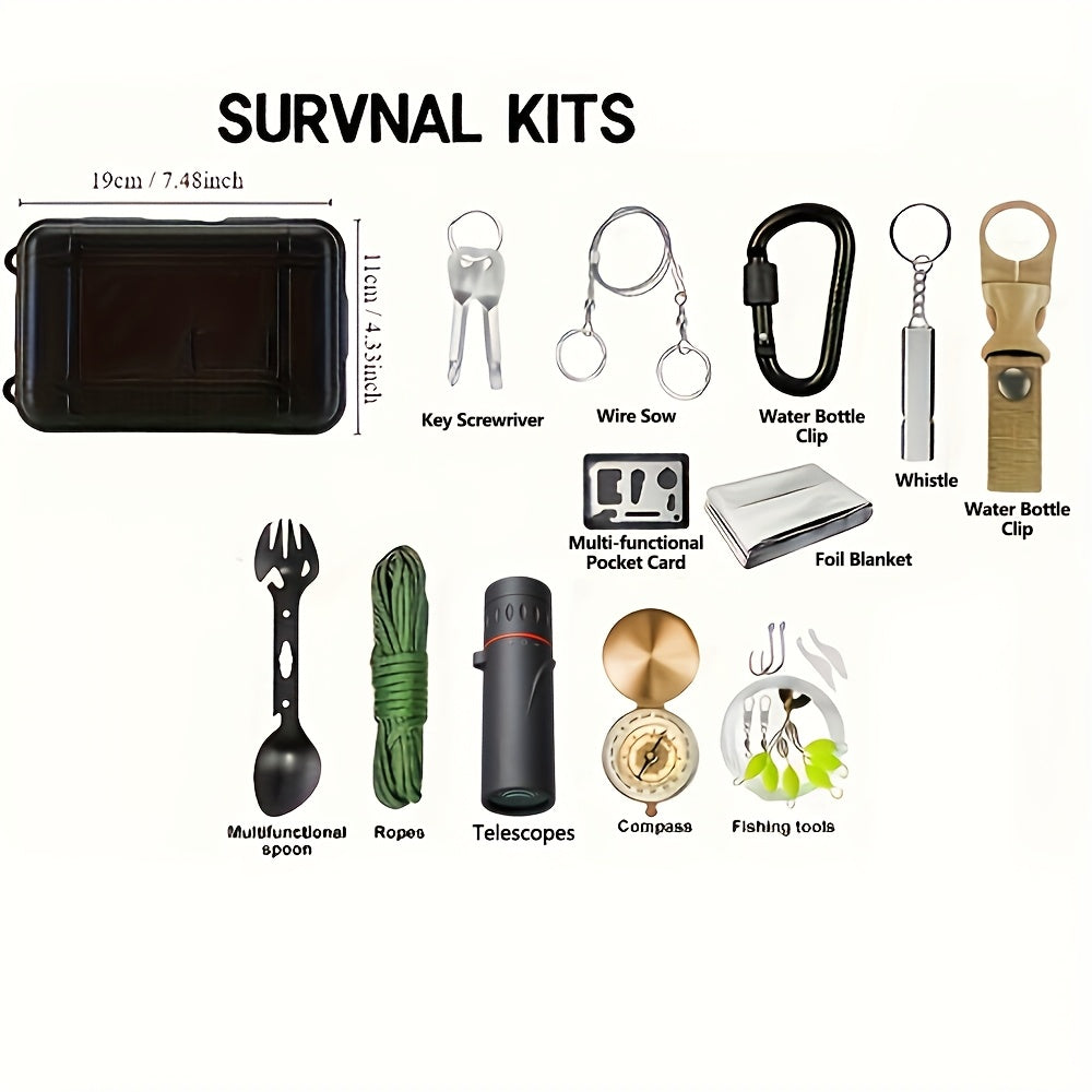 Carvallo Kit Trekvalor 14-in-1 | Kompakt & Komplett | Utomhus & Nödsats | Med kniv, kompass & termofilt