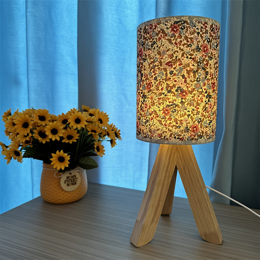 HoutLicht - Modern Trä Bordslampa med Tygtopp, USB Drivna, Tryck-knapp LED Nattljus
