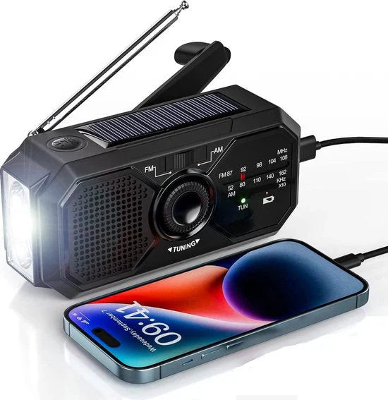 Bärbar nödradio med solpanel och handvev – FM/AM mottagning och powerbank-funktion