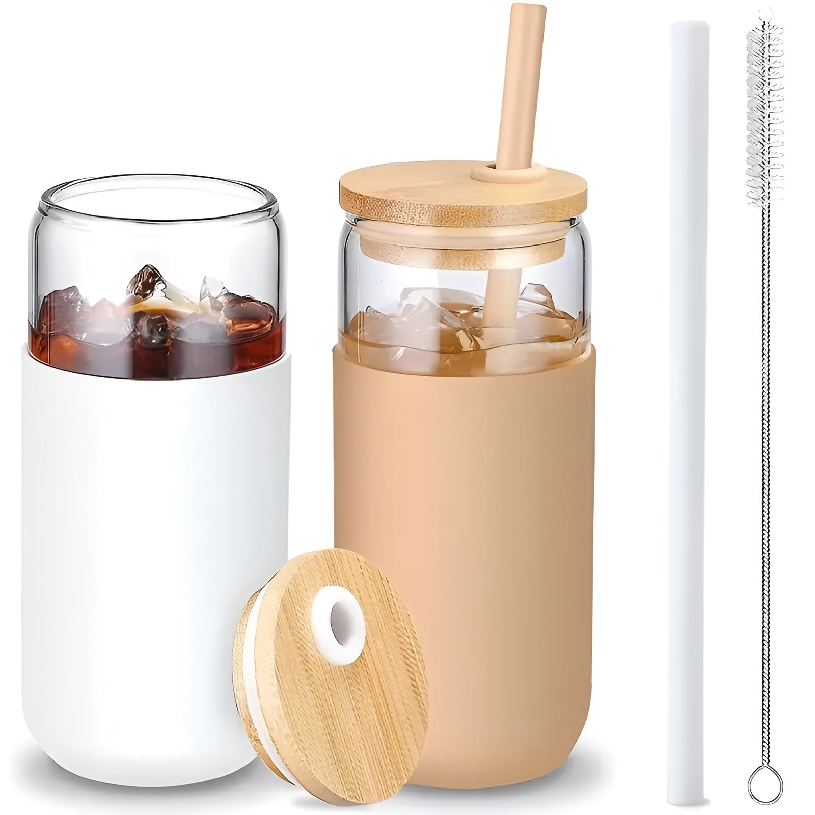 Dricksglas med sugrör – 2-delars set med trälock &amp; silikonhållare | Perfekt för kaffe, juice &amp; smoothies