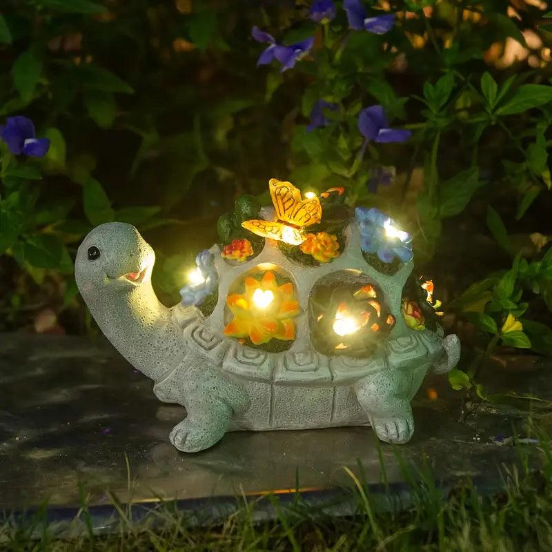Carvallo Turtle Garden | Sol-Sköldpaddsstaty med LED & Suckulenter | För Trädgård, Terrass & Balkong