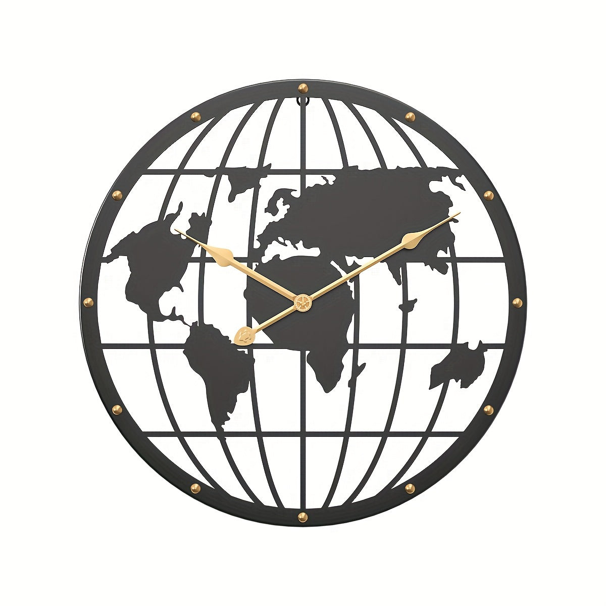 Världskarta Väggklocka - Tyst 40cm Metallklocka med Guld siffror