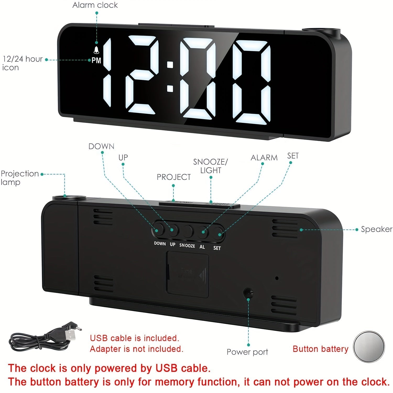 LED Projektionsväckarklocka – Temperatur- och datumsdisplay med USB-ström