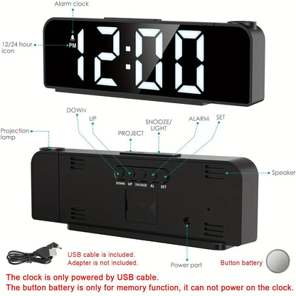 LED Projektionsväckarklocka – Temperatur- och datumsdisplay med USB-ström