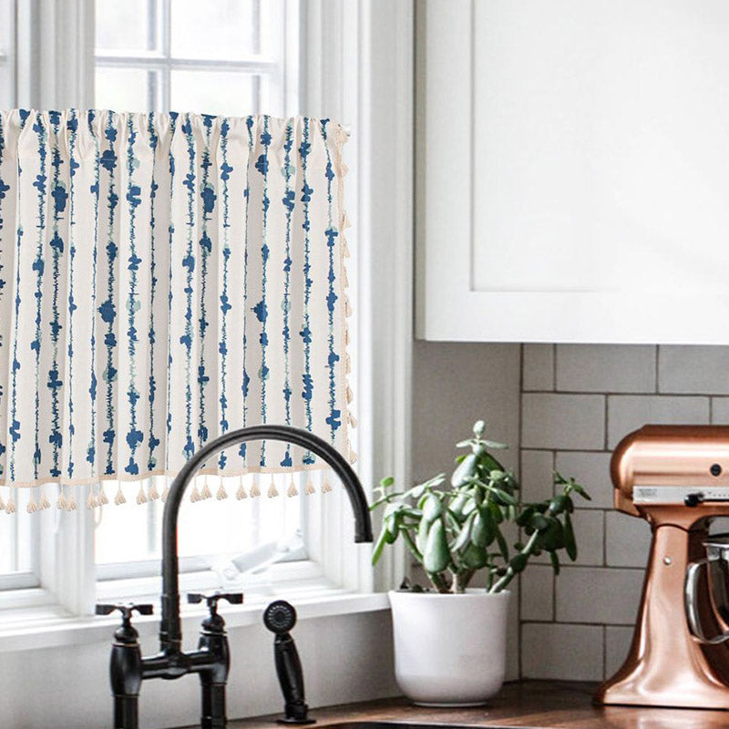 Blå ECG fransgardin i bomulls- och linneväv