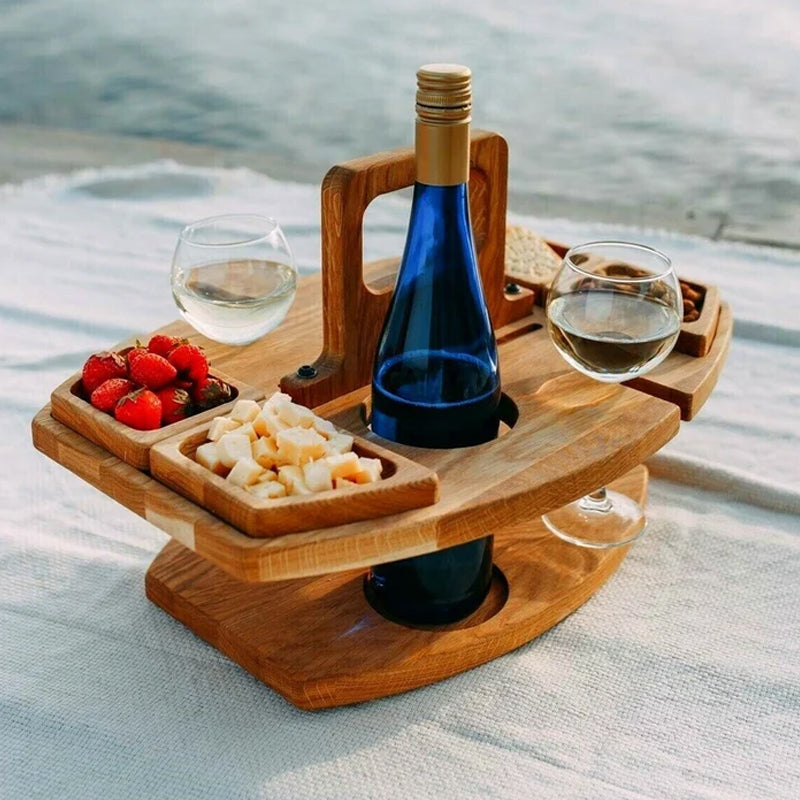 Trä Picknick Vin Bord med Snacks Brickor