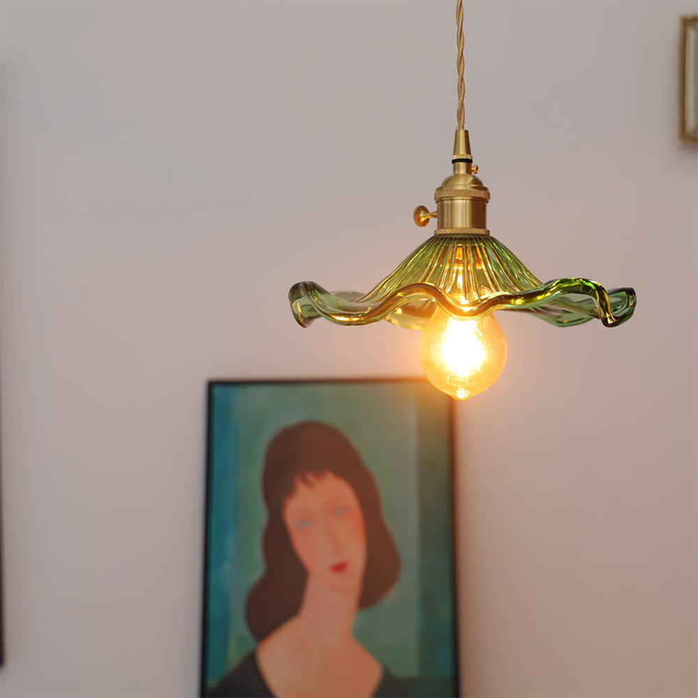 Art Nouveau Fluted Glass Pendant | Flower-Inspired Shade | H4.72in x D9.06-23.62in | Brass &amp; Glass Craftsmanship | Brick by Brick