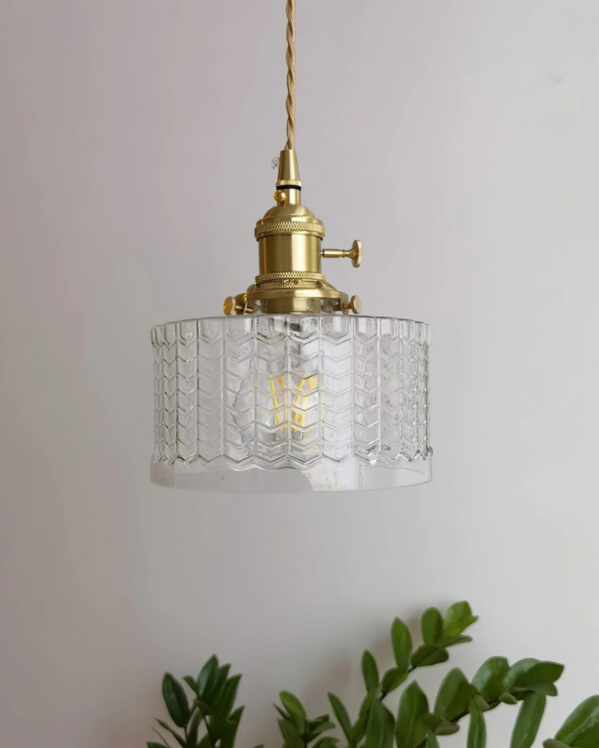 Vintage Glass Ceiling Pendant | Textured Glass & Brass | Warm 3000K Glow