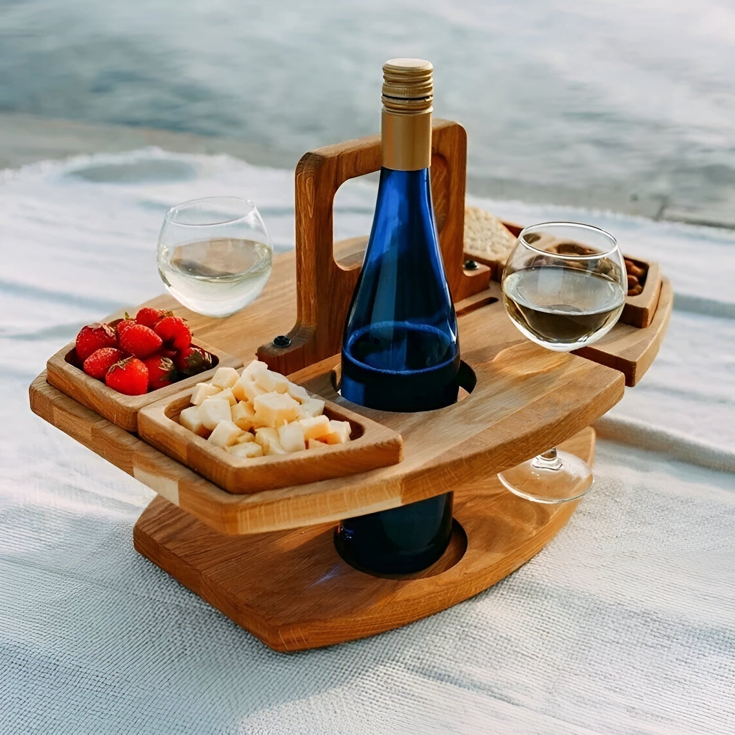 Trä picknick vinbord – Perfekt för vin &amp; snacks utomhus