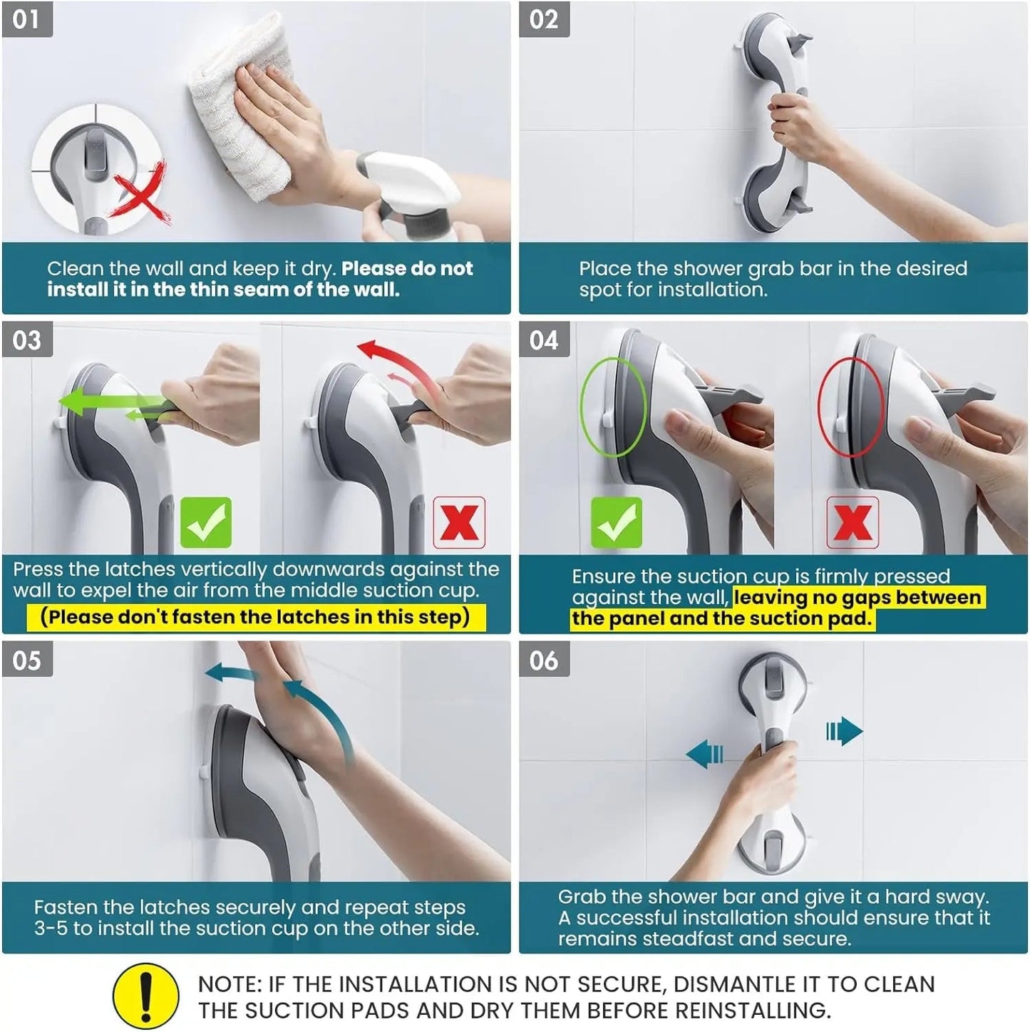 Tunga sugproppsduschhandtag – 2 st No-Drill vattentäta handtag för badkar och duschar, säker stöd för seniorer och äldre
