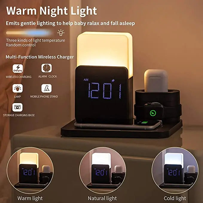 4 i 1 Snabb Trådlös Laddningsstation Väckarklocka med Lampa för Apple