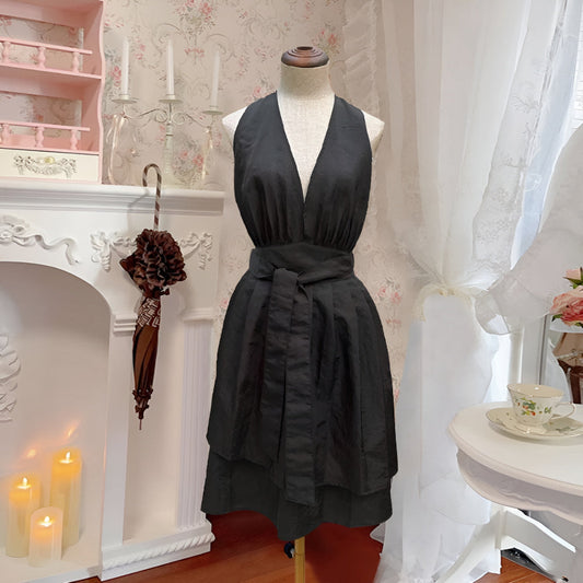 V-ringning Halter Svart Knytning Bakförkläde