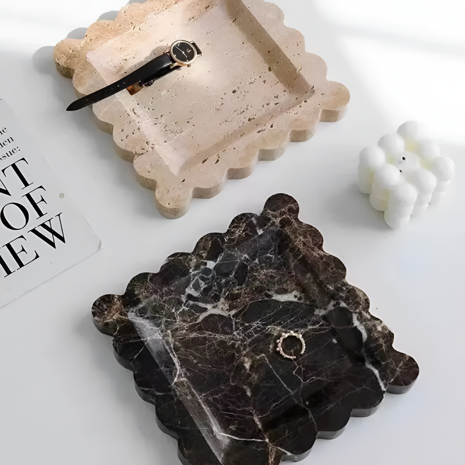 Scalloped Marble Travertine Jewelry Tray