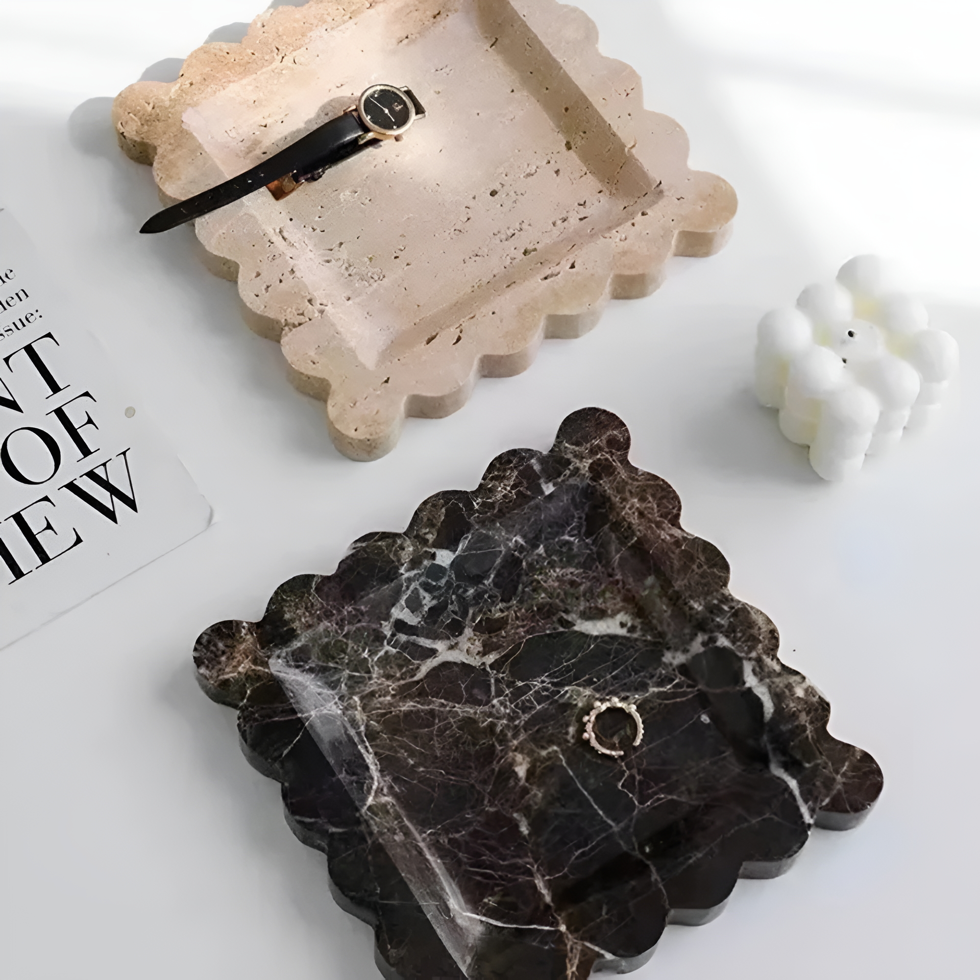 Scalloped Marble Travertine Jewelry Tray