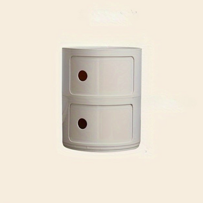 Sängbord med runda plastförvaringslådor