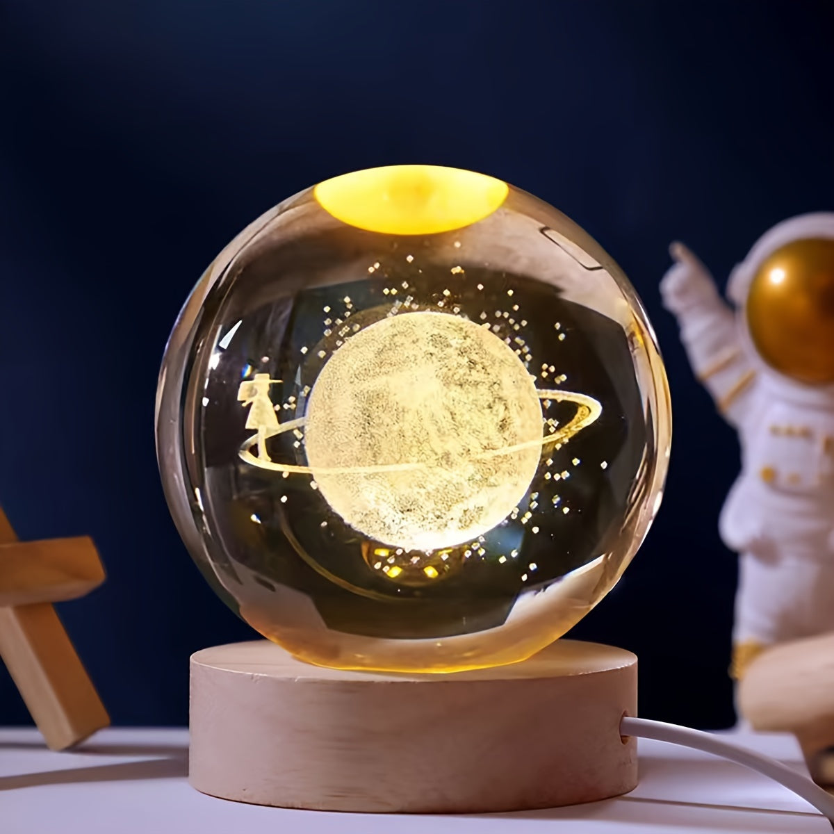 LuminaSphere - 3D Kristallboll LED Bordslampa med Trähållare