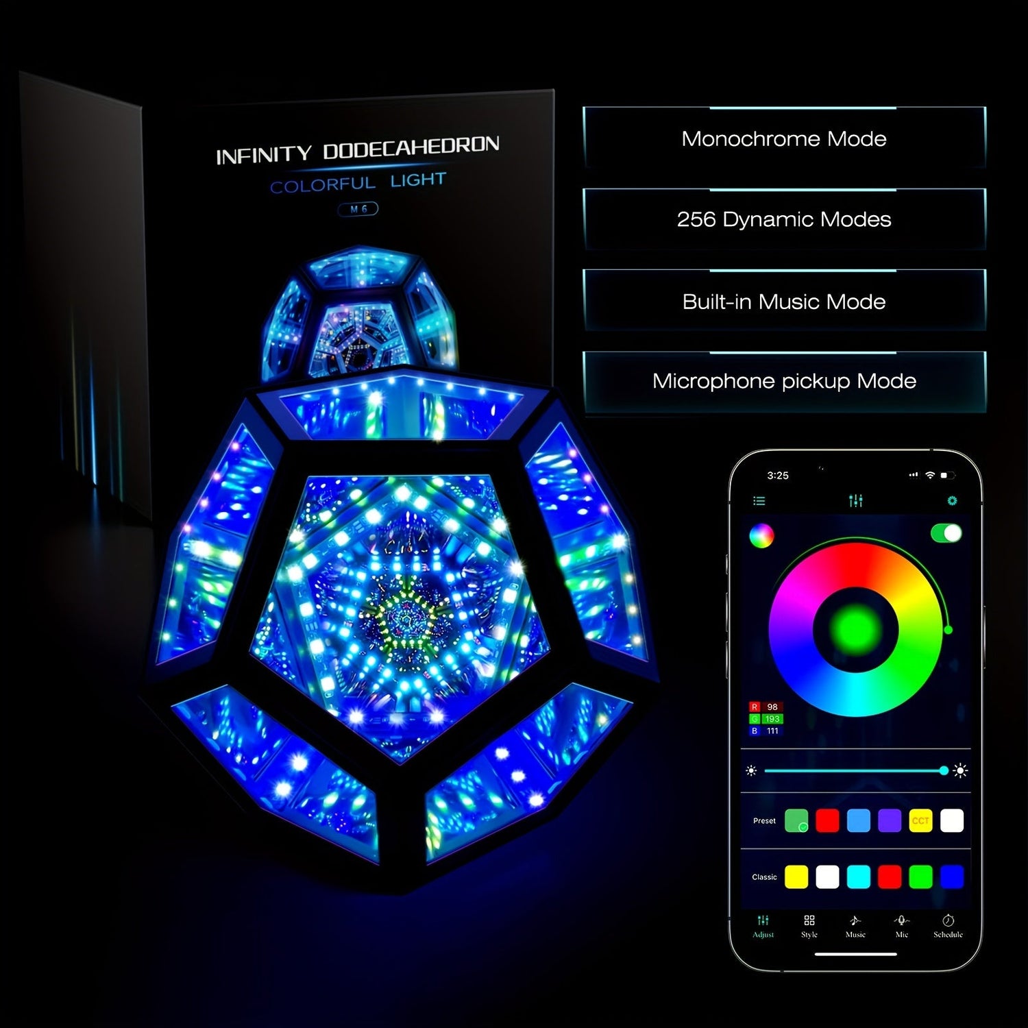 InfinityGlow - Magisk Färgglad Dodekaederlampa med 3D Oändlig Spegel och RGB Belysning