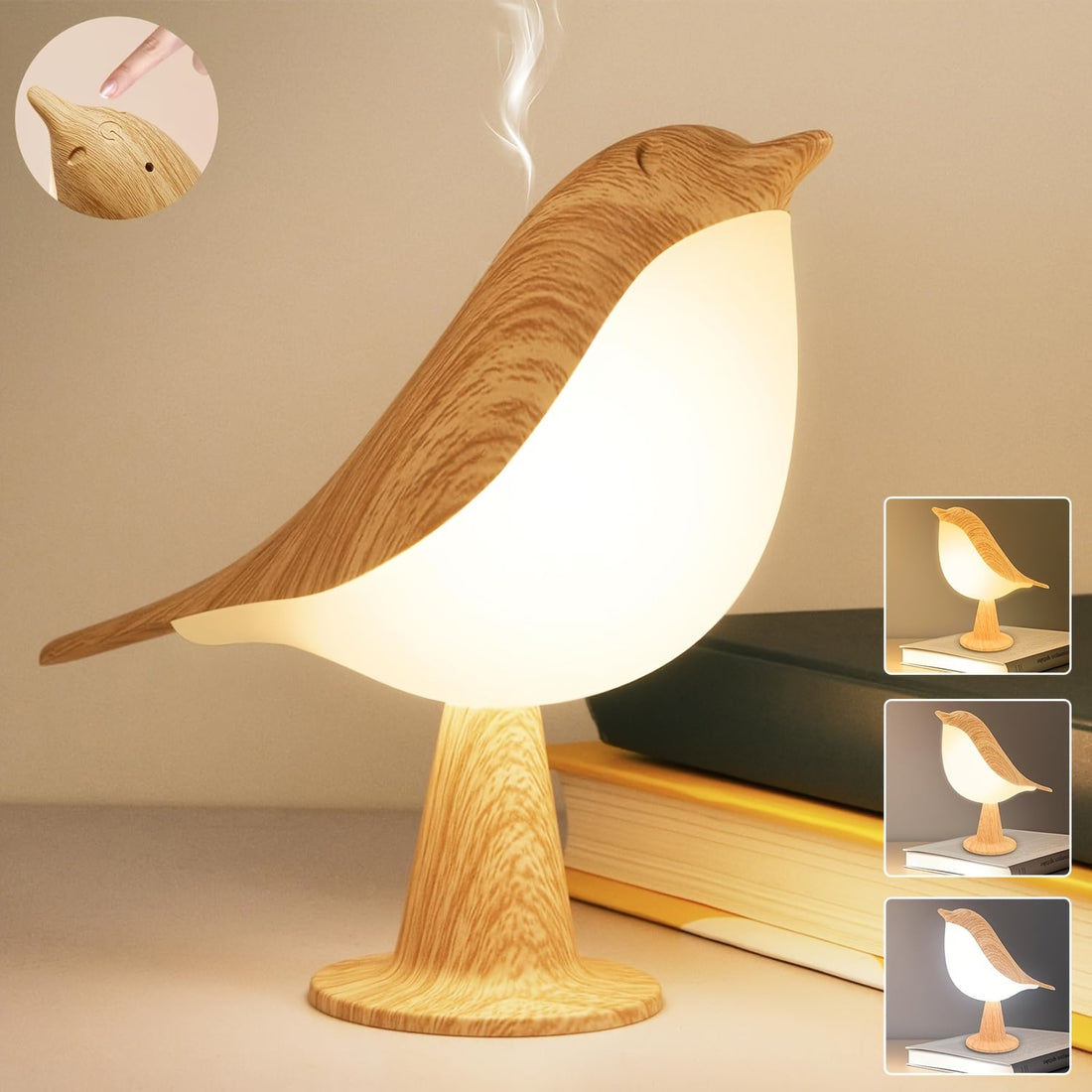 LED Fågel Lampa med Aromadiffusor – USB Uppladdningsbar Nattlampa och Lästampa med 3 Färgtemperaturer