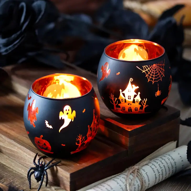 Halloween Kandlestake Set – 2-pack Glasdekoration med pumpa, spindel &amp; fladdermus