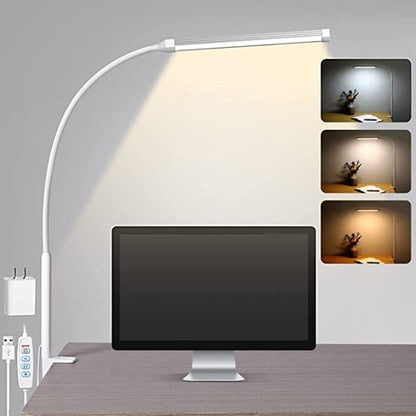 LED Skrivbordslampa - Ögonvänlig Belysning med Klamma, Flexibel Svängarm, 3 Lägen, 10 Ljusstyrkenivåer, USB Adapter