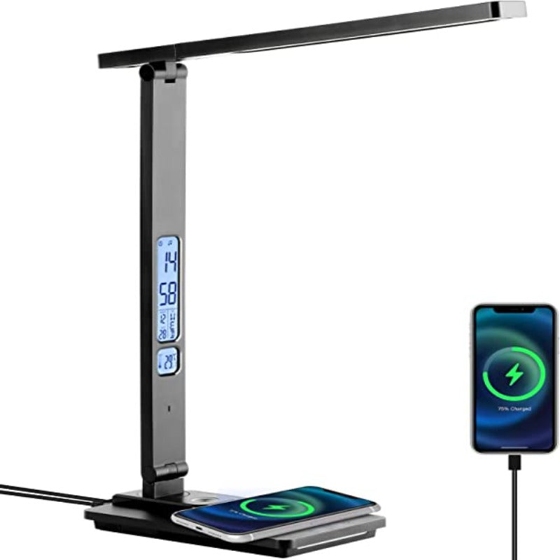 LED Skrivbordslampa - Med Trådlös Laddare och USB Laddningsport - Touchkontroll