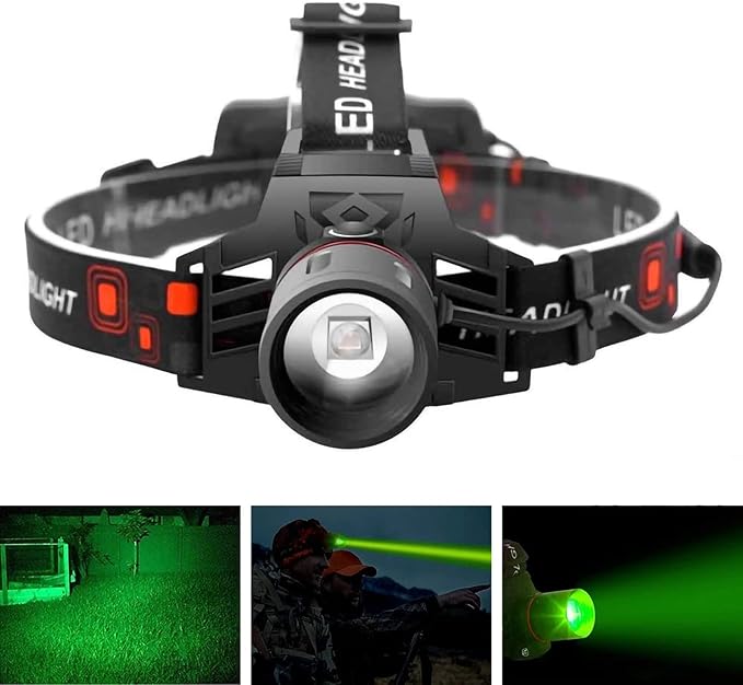 Återuppladdningsbar LED-huvudlampa med vitt, rött och grönt ljus – Kraftfull pannlampa med USB och batteri
