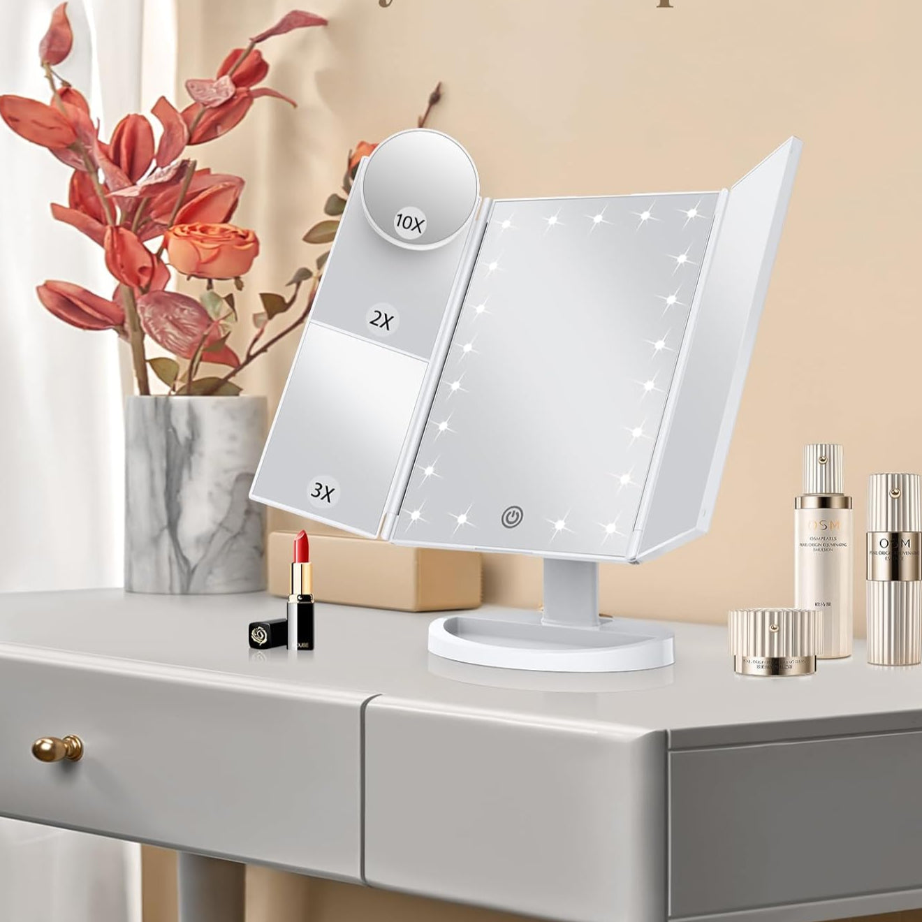 Luxora Tri-Fold Led Smink Spegel Med Ljus 2X 3X 10X