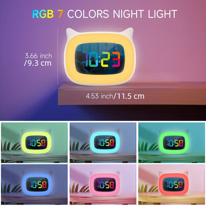 Söt Kattöra Väckarklocka – RGB Nattlampa med 18 Melodier och USB Laddningsbar