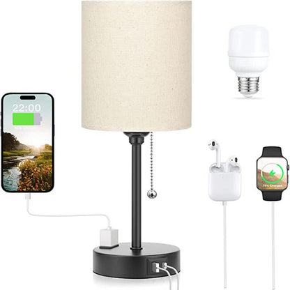 Sovrumslampa - 3 Färger Temperatur, USB-C och USB-A Uttag, Dragkedja Bordslampa med AC Uttag