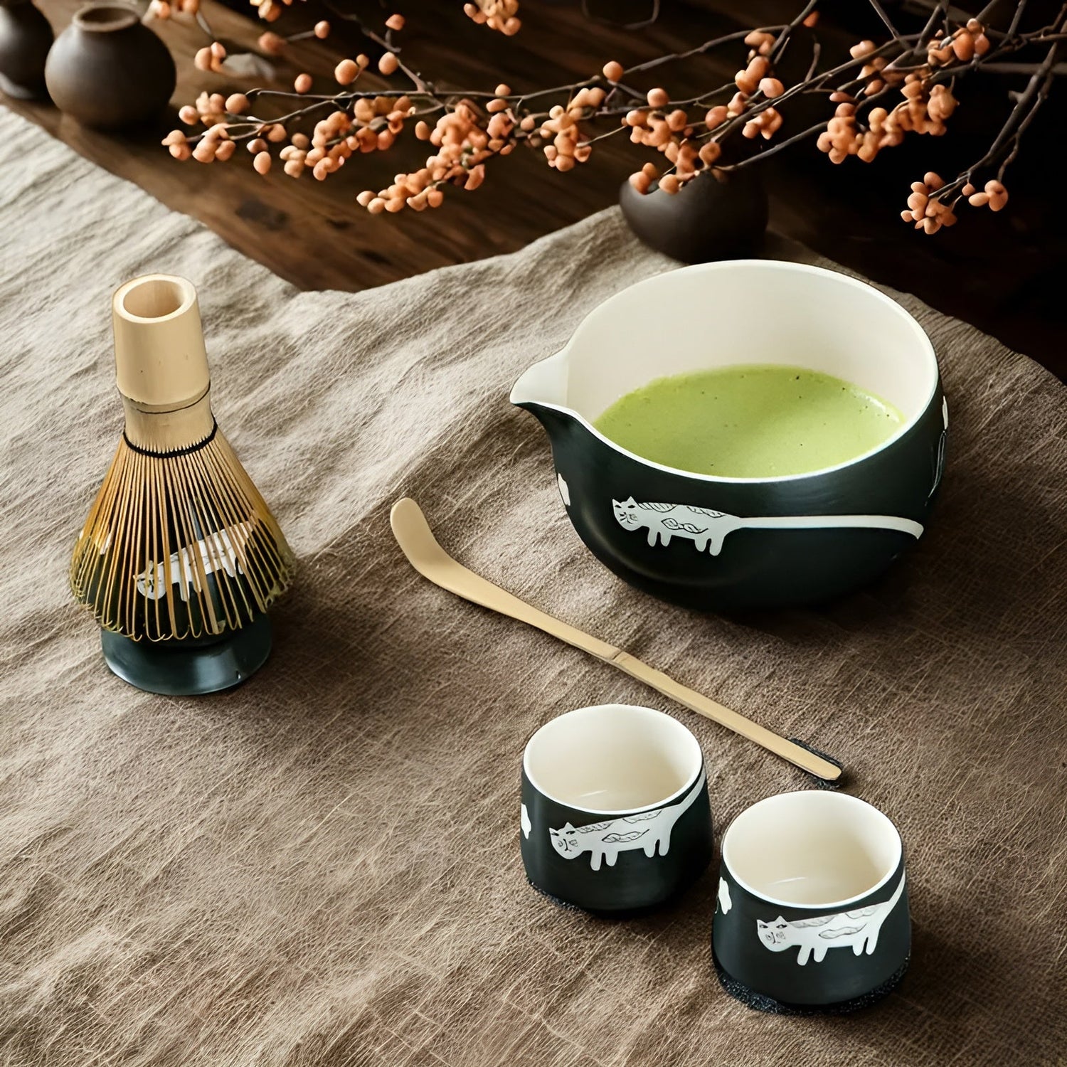 Matcha Set med kattdesign – Inklusive skål, bambusvisp &amp; sked | Perfekt present för teälskare