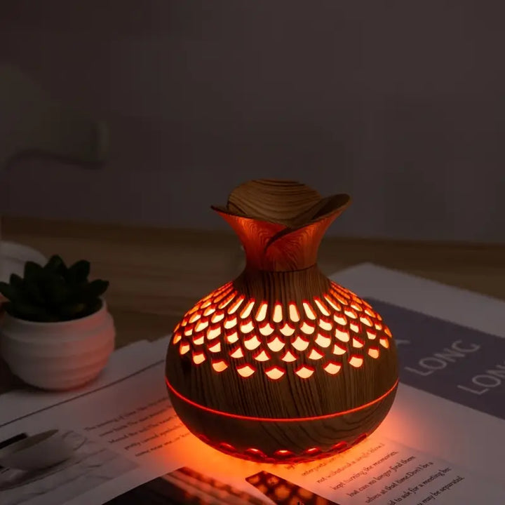 Aromaterapi-luftfuktare Med LED – Diffuser I Trälook &amp; Nattljus