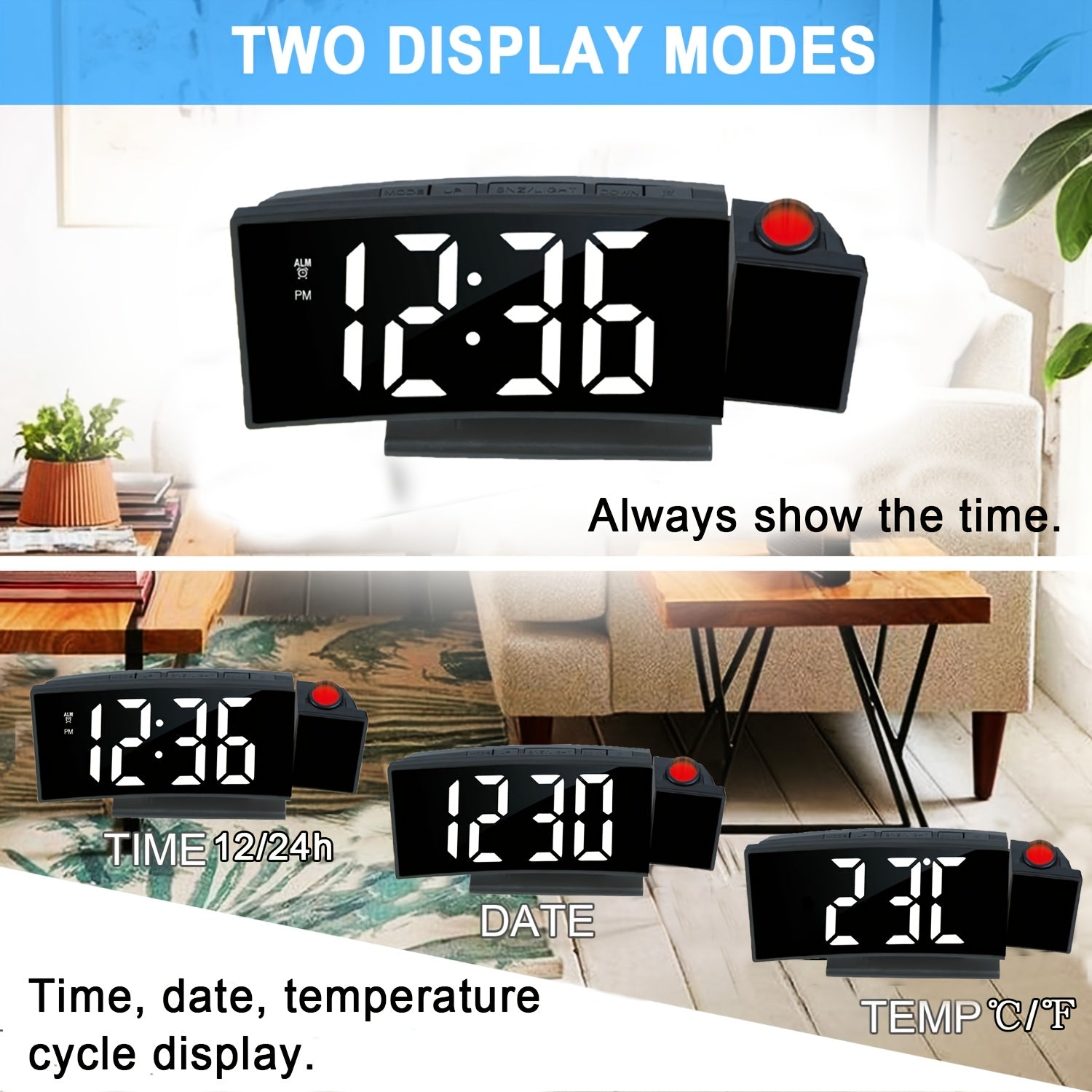 Digital projektionsväckarklocka – LED-display och snooze-funktion med justerbar ljusstyrka